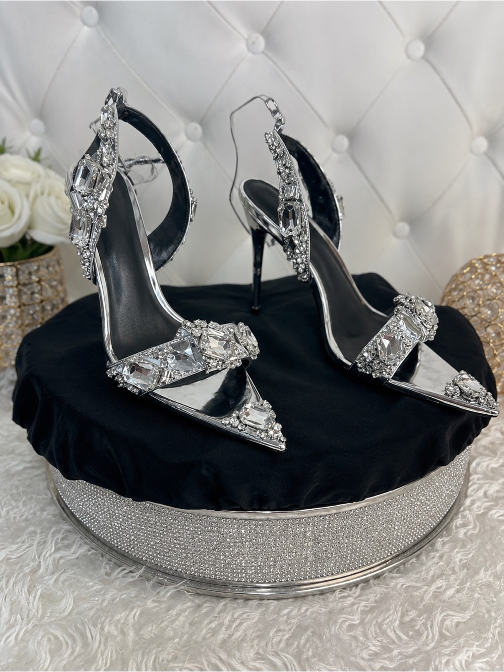 Silver Crystal Embellished Pointed Toe Stiletto Sandals - Women
